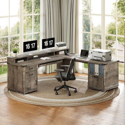Bureau en L 69 po avec tiroirs et armoire de rangement Farmhouse