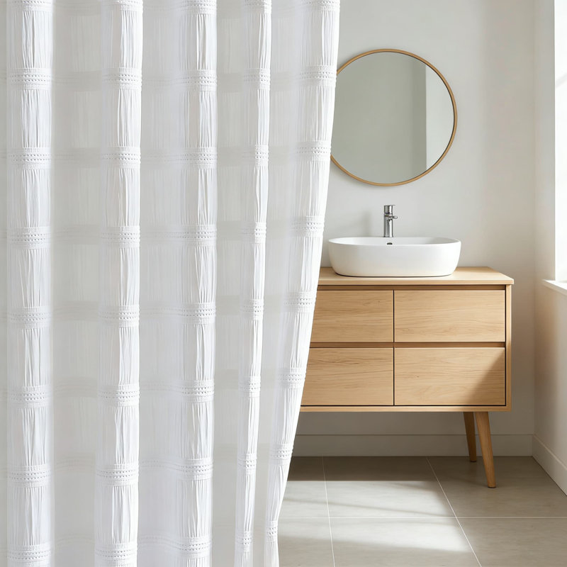Rideau de douche à texture gaufrée à rayures, rideau de salle de bain en tissu texturé pour un décor élégant et romantique
