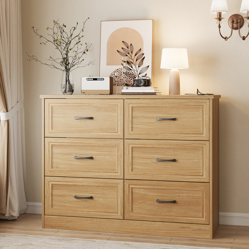 Commode 6 tiroirs avec station de charge pour chambre à coucher, Jaune