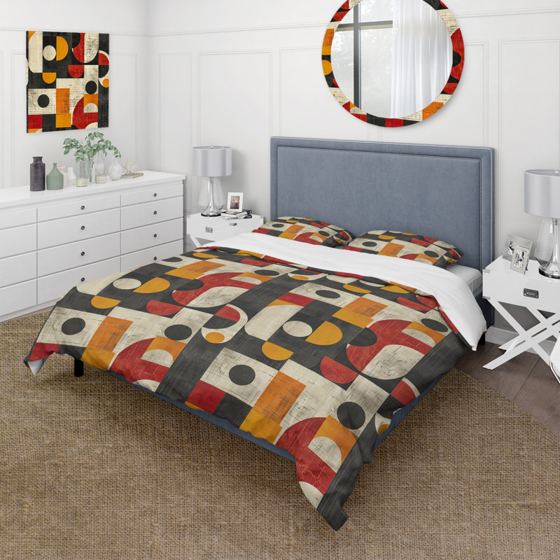 Ensemble de housse de couette rouge et jaune Midcentury Geometric Shapes II - Midcentury Colours