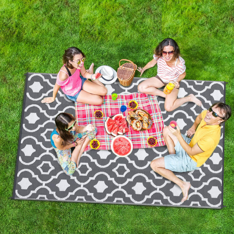 Outdoor Rugs 8x10 ft Waterproof Floor Mat for Patio Plastic Reversible Outside Carpet Portable Straw Rug for Camping Tent RV Balcony Grey White