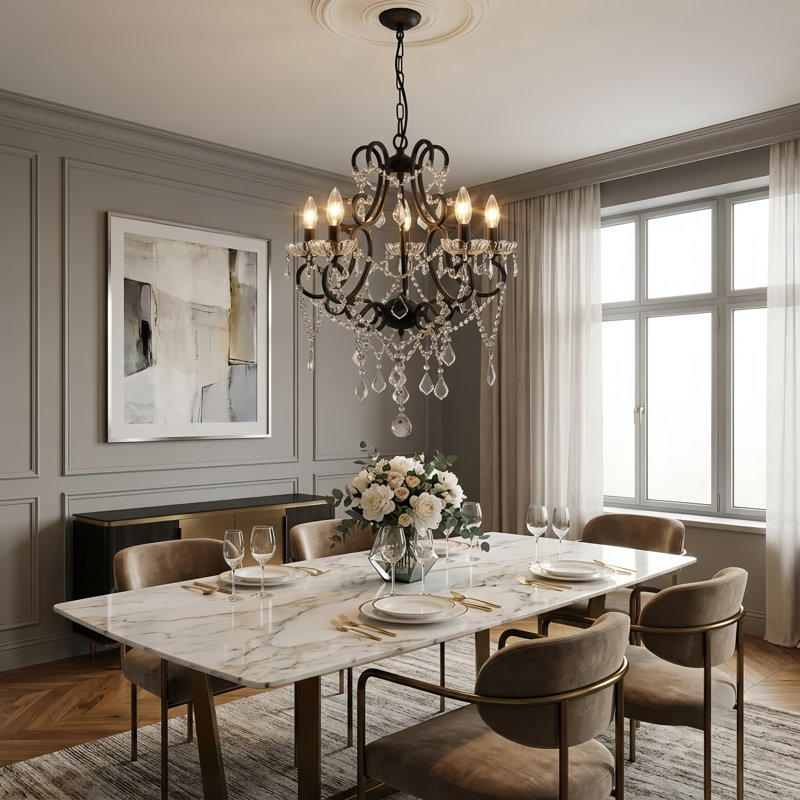 Tomball 5 - Light 22"W Candle Style Classic/Traditional Chandelier with Crystal Accents & Black Metal for Dining Room or Living Room