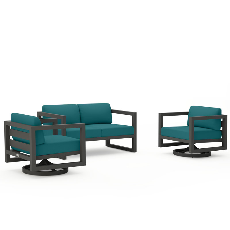 Avion 3 Piece Loveseat Set With Swivel, Slate, Spectrum Peacock Sunbrella® Plainweave
