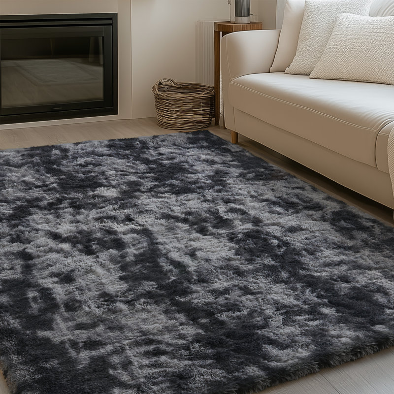 Tapis à poil long Tie Dye, Rectangulaire 8 pi x 10 pi, Noir