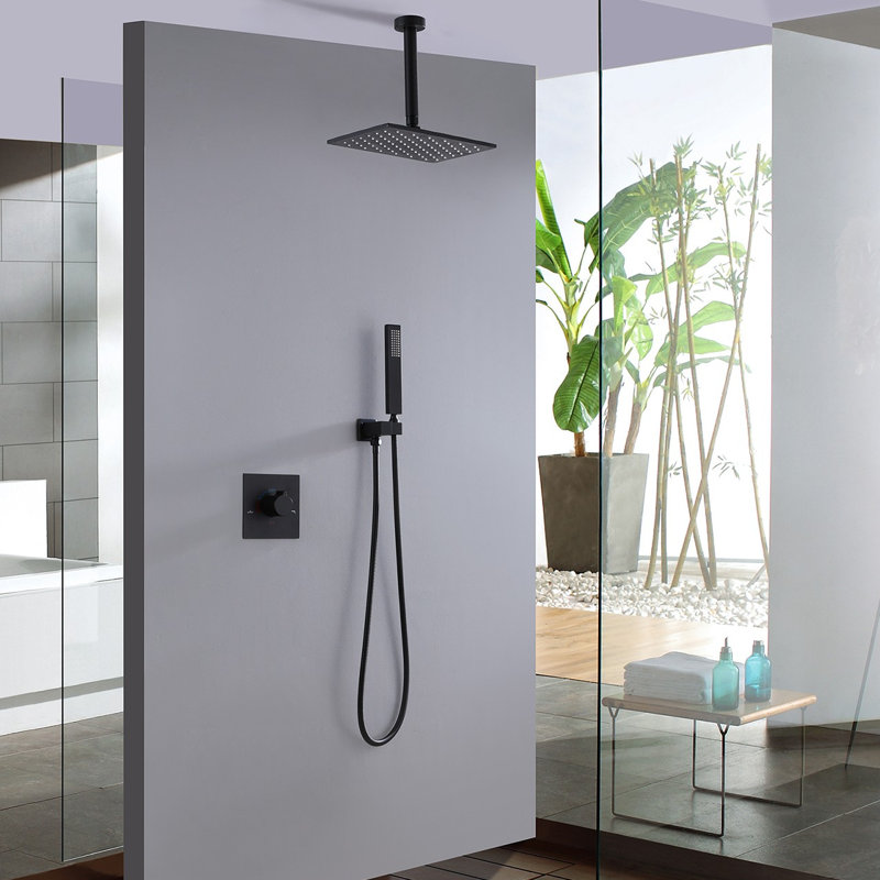 Système de douche complet au plafond avec valve brute, douchette à 2 fonctions en acier inoxydable 304 et boîte intégrée,