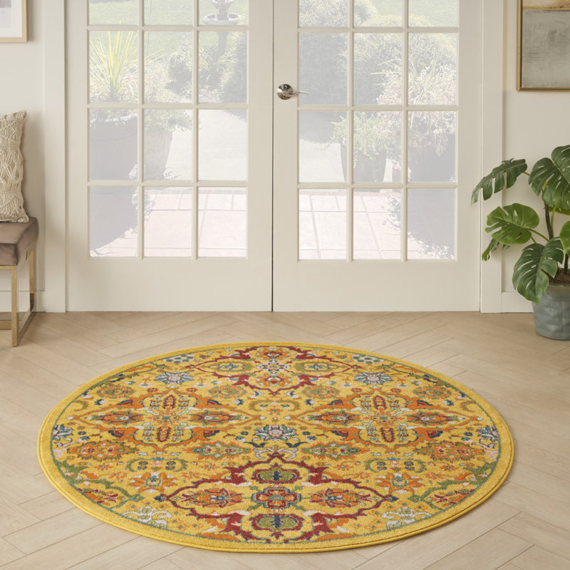 Tapis jaune à motif floral Weirton, Rond 5 pi 3 po