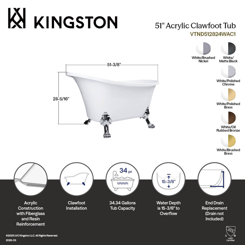 Kingston Brass Aqua Eden 51-Inch Acrylic Oval Double Slipper Clawfoot Tub (No Faucet Drillings), Brushed Nickel
