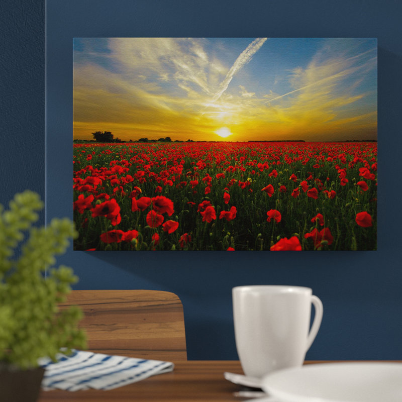 Landscape Red Poppy Meadow Sunset Photographic - Wrapped Canvas, 50cm H x 76cm W