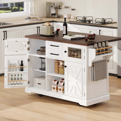 Îlot de cuisine avec abattant, prise de courant, chariot de rangement de cuisine avec 4 tablettes de porte, portes de grange croisées et porte en verre visuel, îlot de cuisine roulant sur 4 roues pour la cuisine, la salle à manger