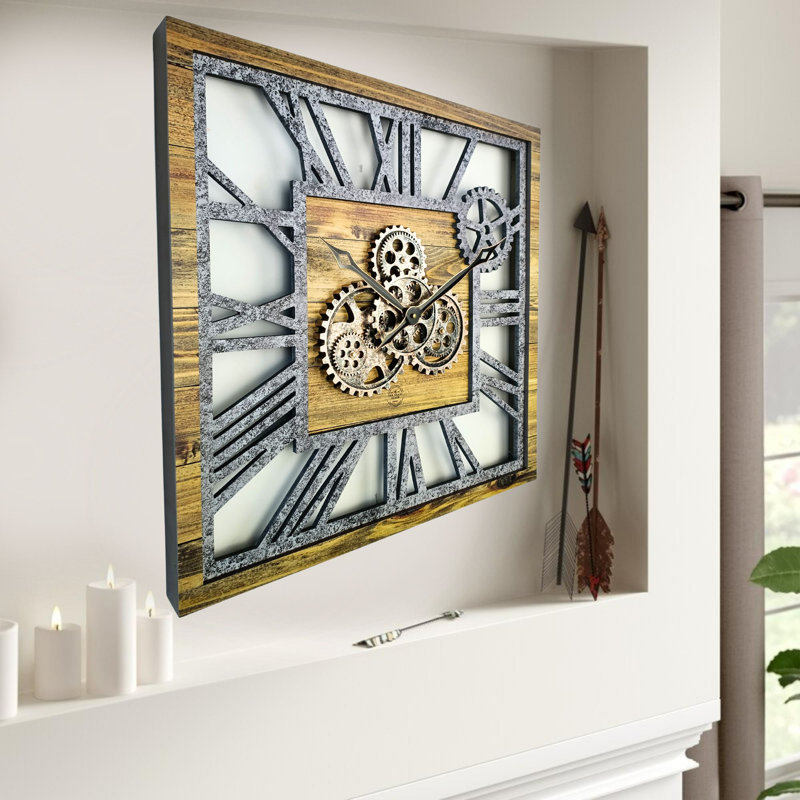 Oversized Square Wood and Stone Gear Wall Clock