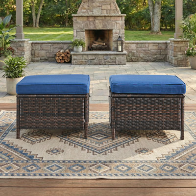 Wicker Outdoor Ottomans for Patio Set of 2 Rattan Footstools w/Removable Cushions
