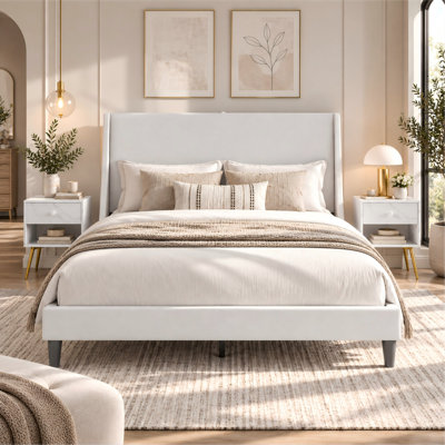 Modern Bedroom Furniture Set, Upholstered Platform Bed Frame with USB Charging Station Headboard & Set of 2 Nightstands, Wooden Slats Support, No Box Spring Needed, Side Tables with Drawer & Storage Shelf