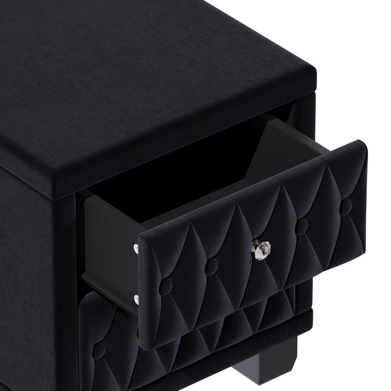 Elegant Velvet Nightstand With 2 Drawers And Crystal Handle, Storage Bedside Table With Button-Tufted, Black