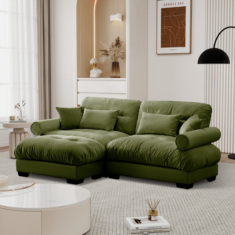 Over Size Modern Upholstered Sofa With Ottoman, Olive Green Velvet