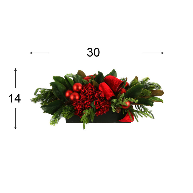 Evergreen and Hydrangea Holiday Centerpiece with Ribbon