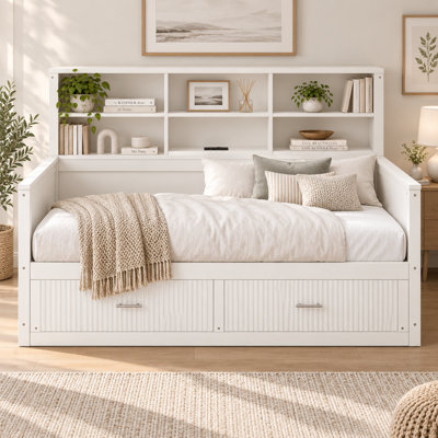 Mariko Twin Size Wooden Daybed with 6 Headboard Storage Shelves, 2 Under-Bed Drawers, Built-In Charging Station with 2 AC Outlets, USB and Type-C Ports, Fluted Panel Design