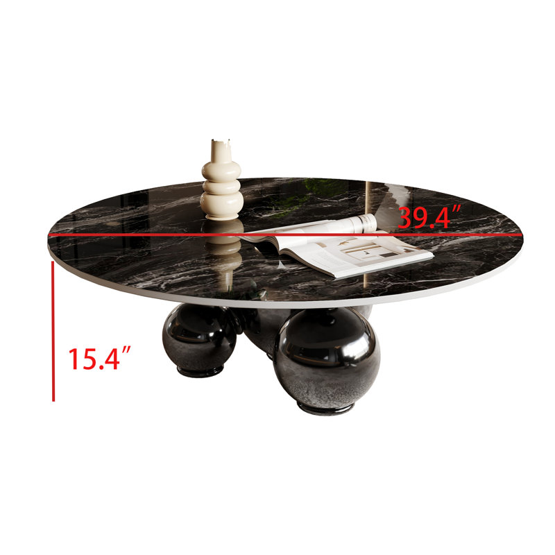 Tahmid 39.4" Faux Marble Single Base Round Coffee Table, Black Top/Black Base
