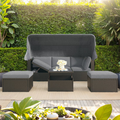Outdoor Patio Wicker Daybed w/Retractable Canopy，Sectional Seating w/Washable Cushions，Weather Resistant