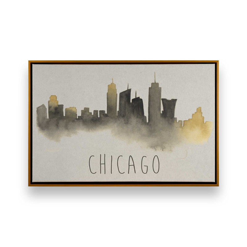 Chicago Skyline Fade, H 24,75 po x l 36,75 po, Cadre flottant, Or poli