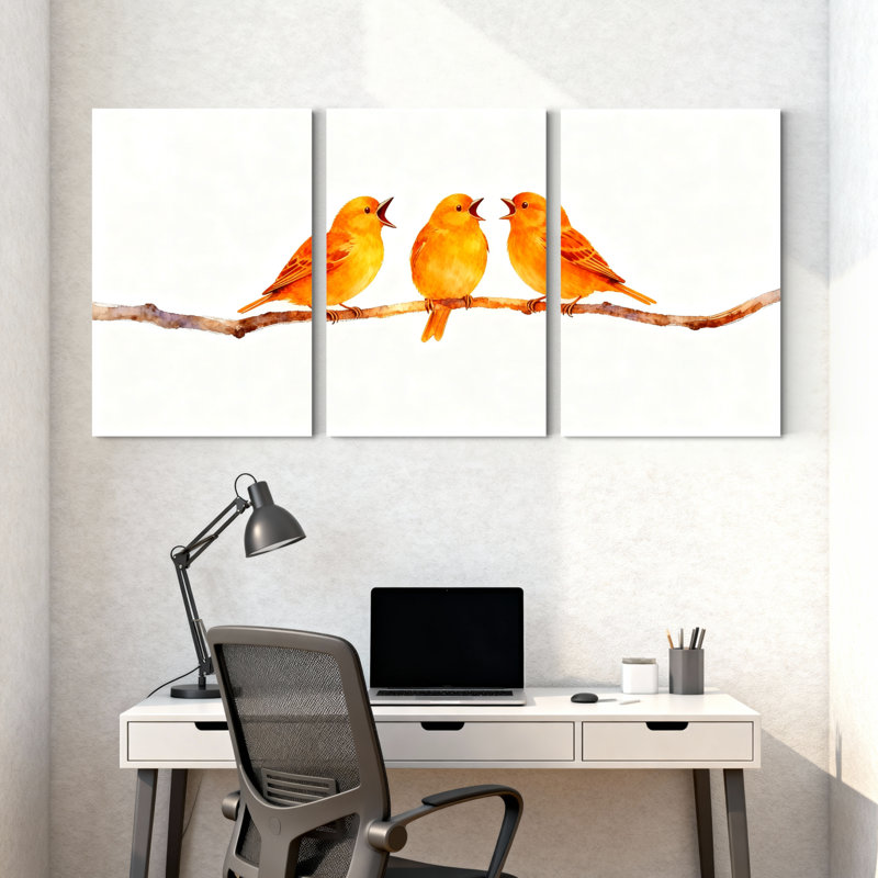 «Birds Three Yellow Birds Singing On Branch», ensemble de 3 impressions sur toile, H 30 po x l 60 po