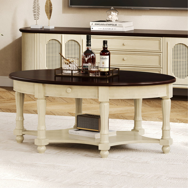 Table basse ovale avec tiroir et tablette de rangement, table d'appoint pour le salon, Noyer