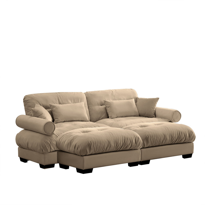 Canapé double surdimensionné en velours moderne avec accoudoirs rembourrés ronds et repose-pieds avec coussins lombaires et coussins décoratifs