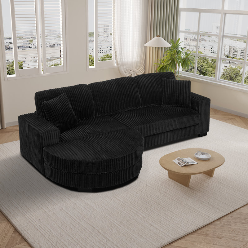 Corduroy L-Shaped Modular Sofa Set, Rectangular 3-Seater With Semi-Round Movable Ottoman, Unique Arc & Square Design