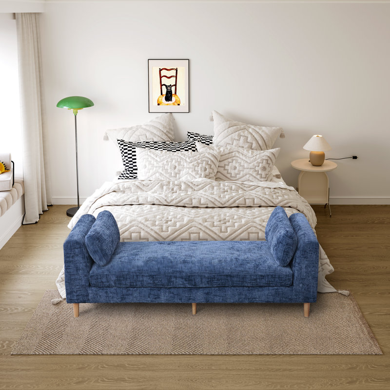 Banc rembourré de 83,1 po avec coussins et pieds en bois massif, Bleu