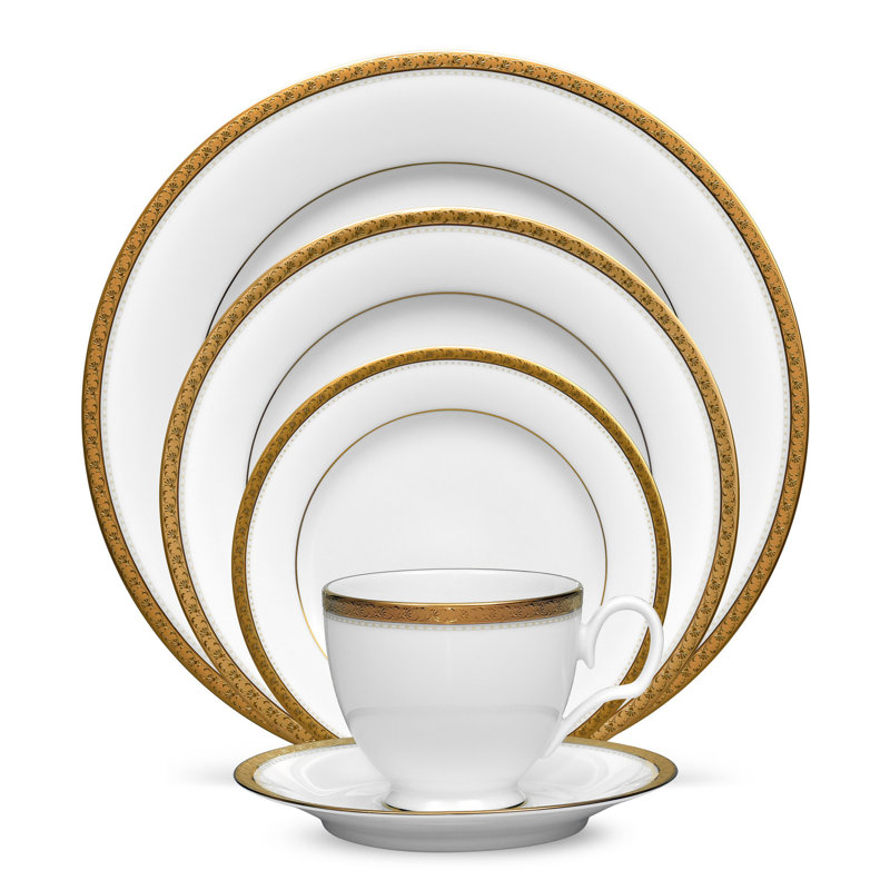 Charlotta Gold Trim White Porcelain 5-Piece Place Setting