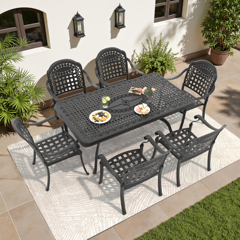 Shannda 7-Piece Cast Aluminum Patio Dining Set with 68.9" Rectangular Table, Umbrella Hole & Blue Cushions