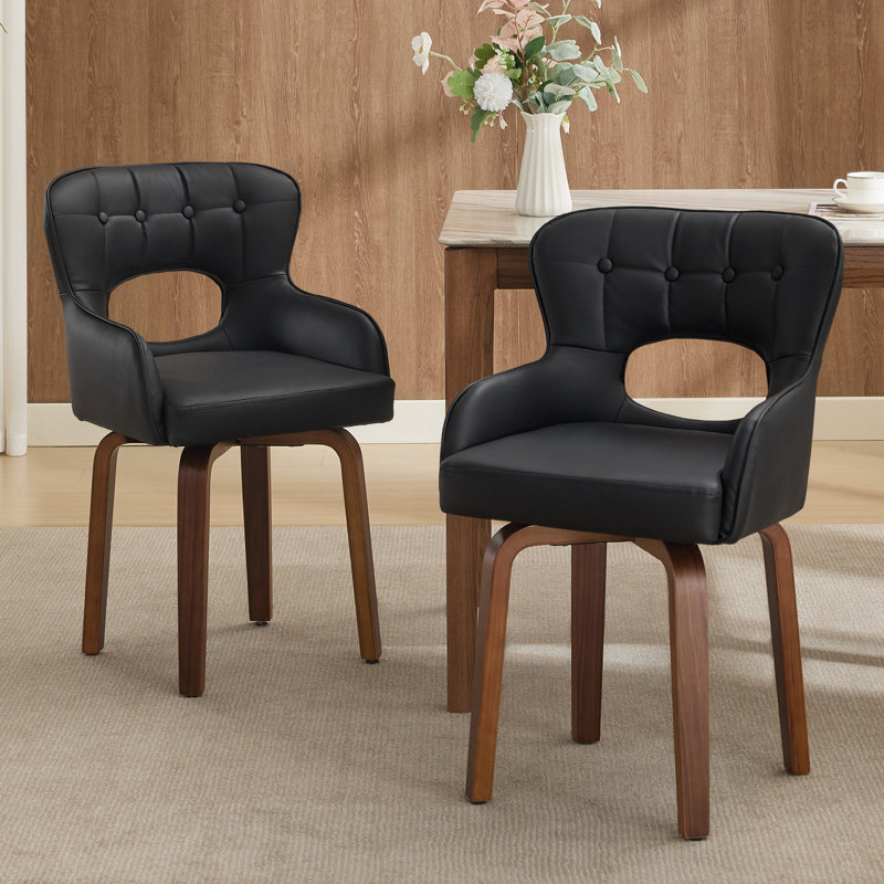 360° Swivel Black Mid Century Dining Chairs With Adjustable Foot Pads, Solid Wood Legs, Black