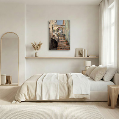 Art mural sur toile en pierre avec escalier et pots de fleurs