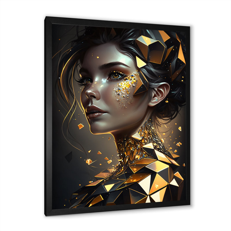 Portrait de femme en cristal doré III, Toile encadrée noire à coins fermés, H 20 po x l 12 po x P 1 po