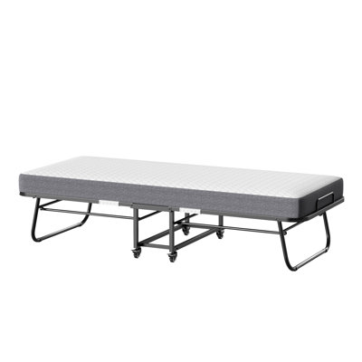 Folding Bed with Mattress 75" x 31" Rollaway Guest Bed Portable Foldable Bed for Adults with 5" Memory Foam Mattress Space-Saving All Metal Steel Pipe Frame Slatted Pipe Style