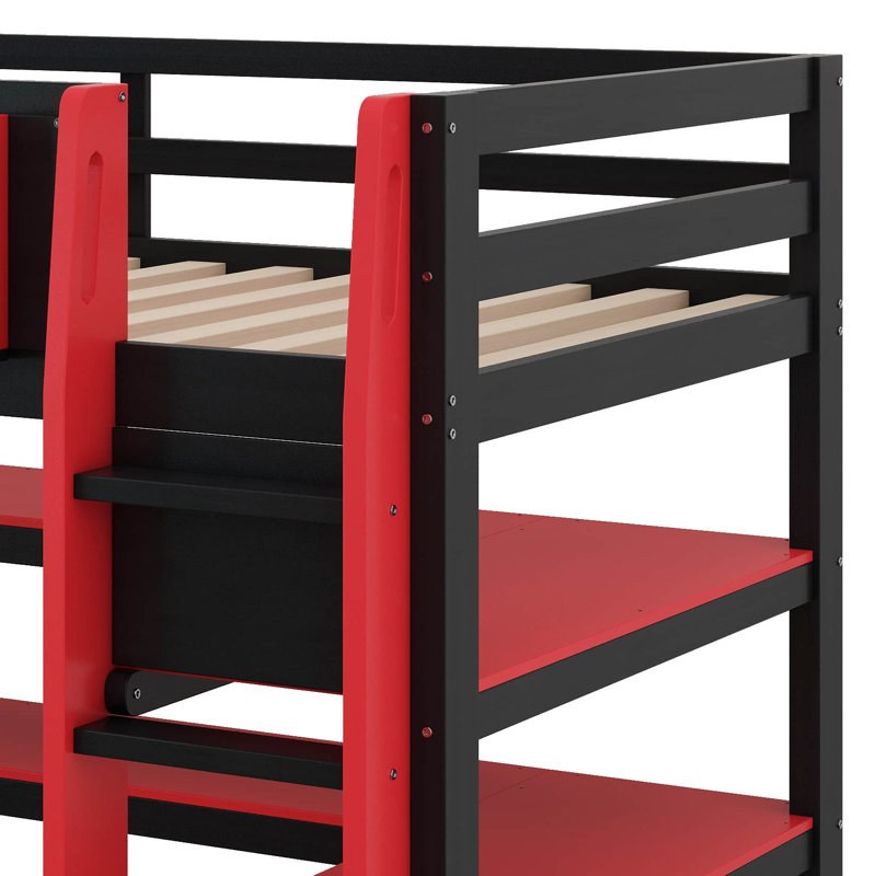 Lit mezzanine avec bureau intégré et tablettes de rangement, structure de lit en bois peu encombrante avec éclairage RVB et course latérale