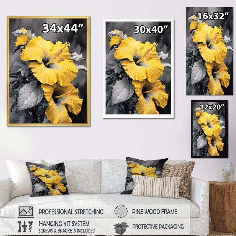 «Yellow and Grey Hibiscus Serenade I - Hibiscus», reproduction sur toile encadrée, H 20 po x l 12 po x P 1 po