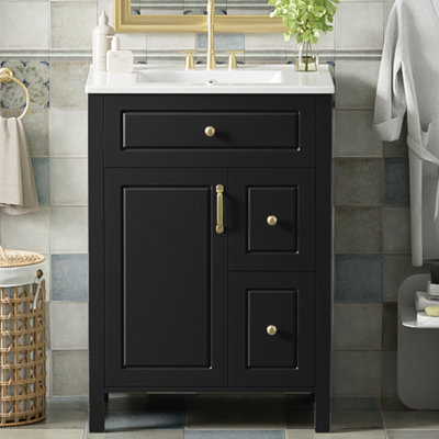 Meuble-lavabo de salle de bain avec lavabo en céramique 1 porte à fermeture douce et 2 tiroirs à fermeture douce