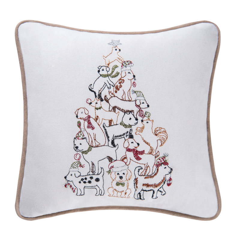 Puppy Tree Embroidered Christmas Holiday Petite Size Accent Throw Pillow