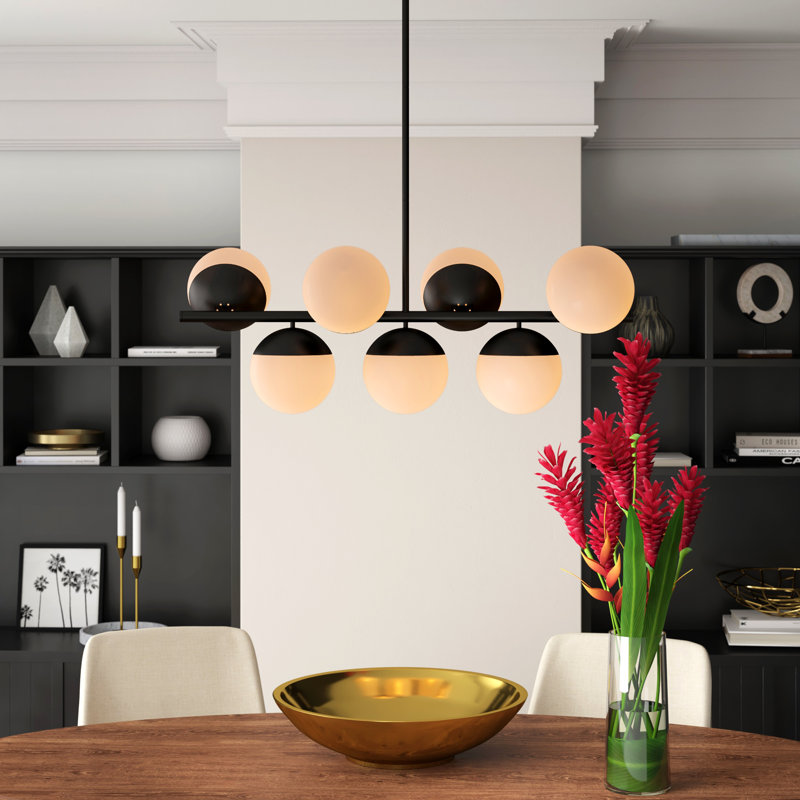 Azareyah 7-Light Dimmable Mid-Century Modern Chandelier, Black, Frosted White