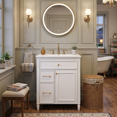 Meuble-lavabo classique 24 po / 30 po avec lavabo en céramique et porte à fermeture en douceur, armoire en bois massif (noir / blanc / bleu gris)