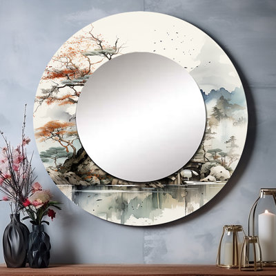 Asian Art Fantasy Sumi II - miroir décoratif asiatique, miroir mural rond, impression sur métal