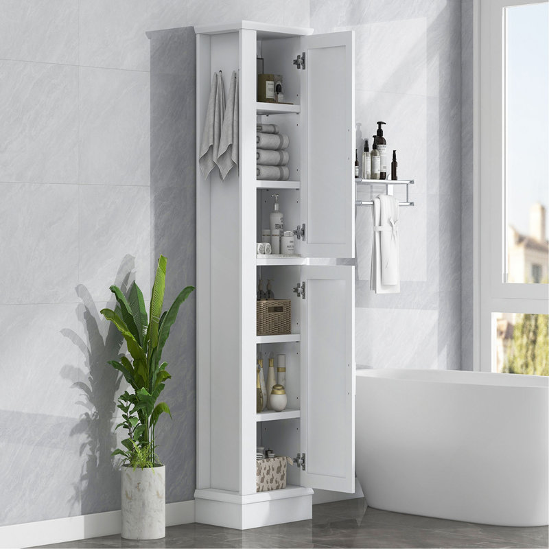 Grande armoire de rangement pour salle de bain, armoire de rangement autoportante avec crochet et tablette réglable, panneau de fibres à densité moyenne