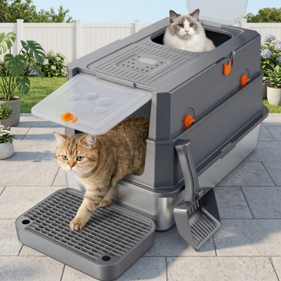 Litière en acier inoxydable avec couvercle, grande enceinte pour grands chats, boîte en métal avec enceinte à haut rebord et pelle, entrée avant et supérieure, sans odeur, anti-fuite, gris