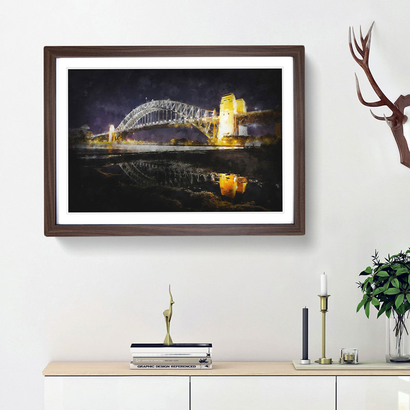 Sydney Harbour Bridge Australia - Picture Frame Painting Print, 62cm H x 87cm W x 2cm D, Walnut Framed