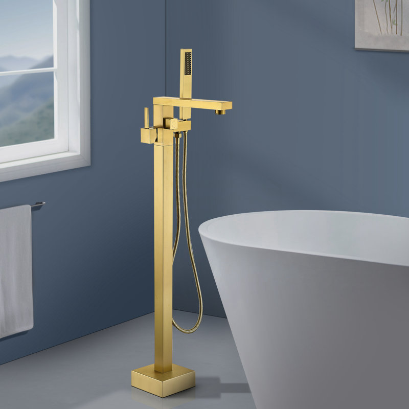 Topcraft Single Handle Floor Mounted Freestanding Tub Faucet with Handheld Shower，Brushed Brass, Brushed Brass