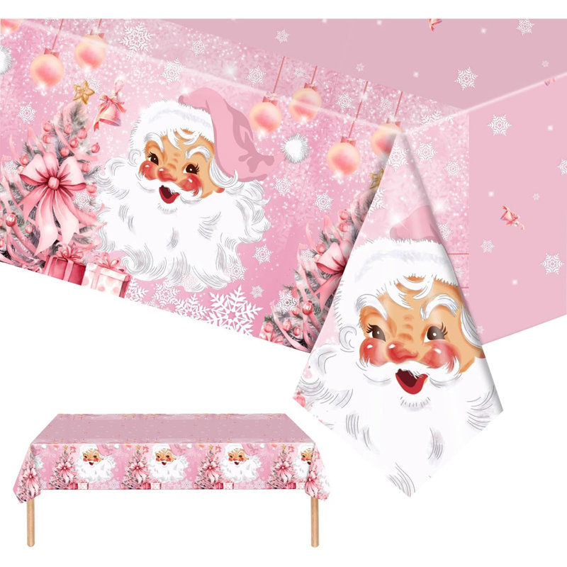 2 Pack Plastic Tablecloths, 137*274cm Pink Santa Xmas Table Covers - Large Christmas Party Table Cloth for Winter Holiday, Pink Christmas Table Décor