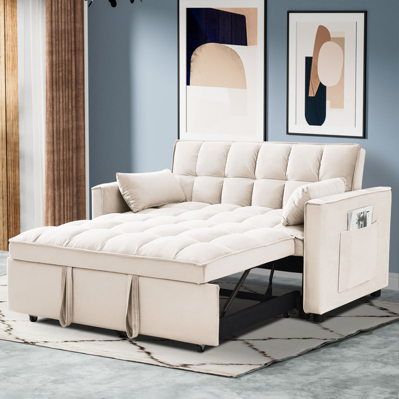 55" Velvet Upholstered Sleeper Sofa Convertible Couch with Reclining Backrest, Beige Velvet