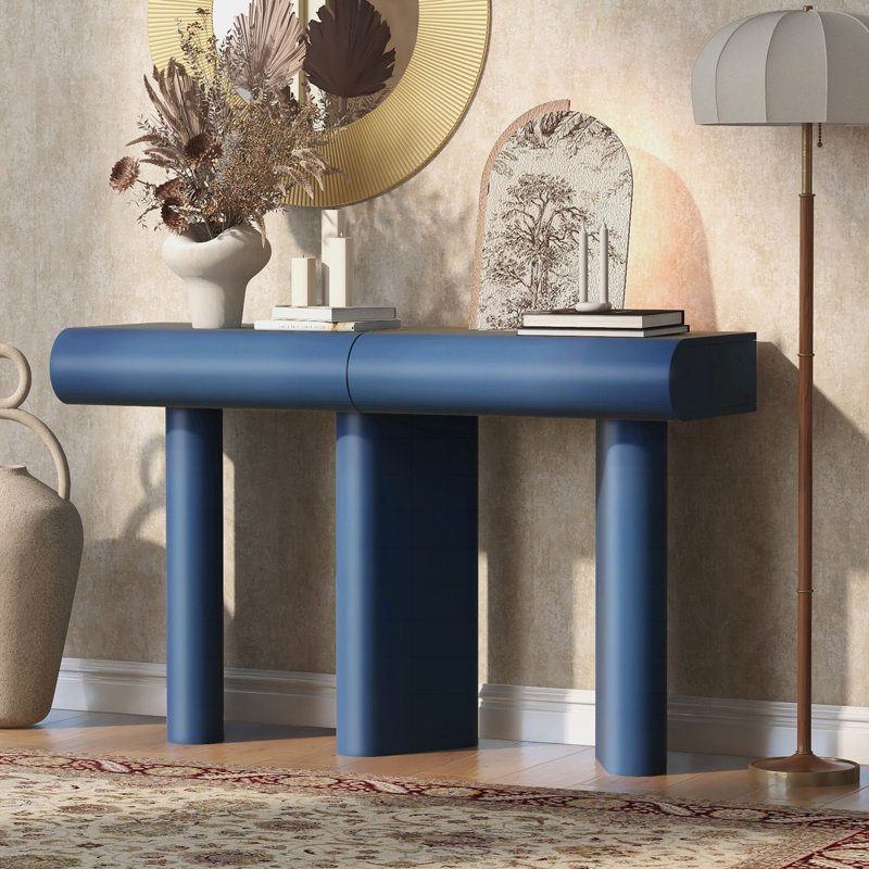 Table d'entrée moderne peinte avec 2 tiroirs incurvés, conception de couloir peu encombrante, table basse contemporaine pour salon, chambre à coucher et petits appartements en bleu