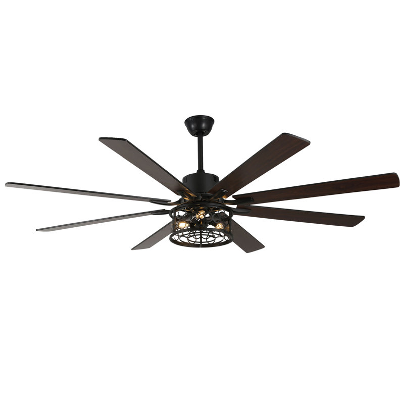 Ventilateur de plafond Clercq de 72 po de style ferme avec cage, éclairage et télécommande, noir mat, réversible, grand format, pour salon