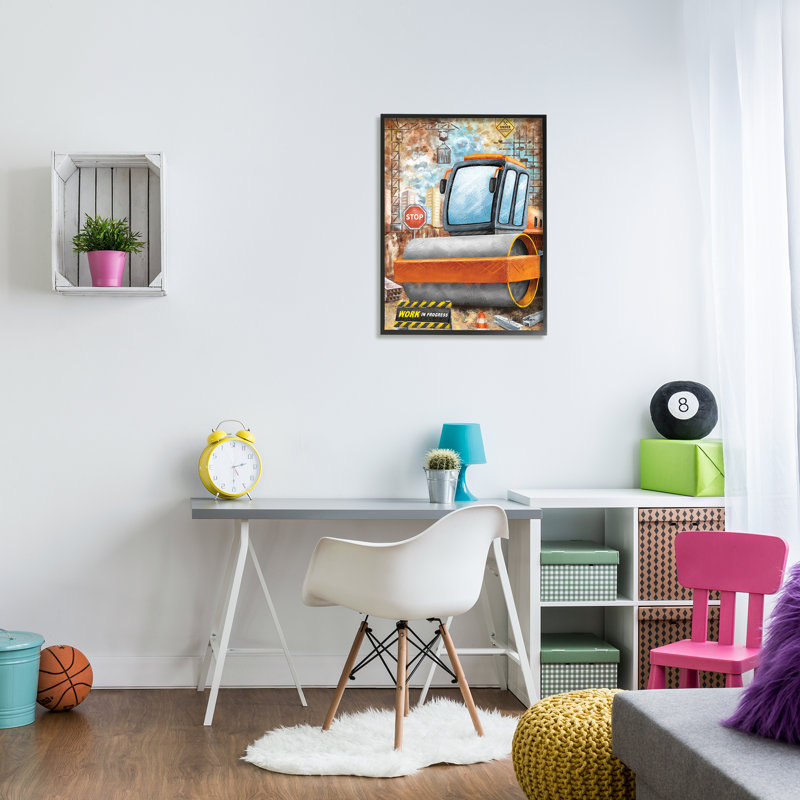 «Construction Work Scene On Wood» par Nidhi Wadhwa, reproduction, Giclée encadrée noir minuit, H 30 po x l 24 po x P 1,5 po